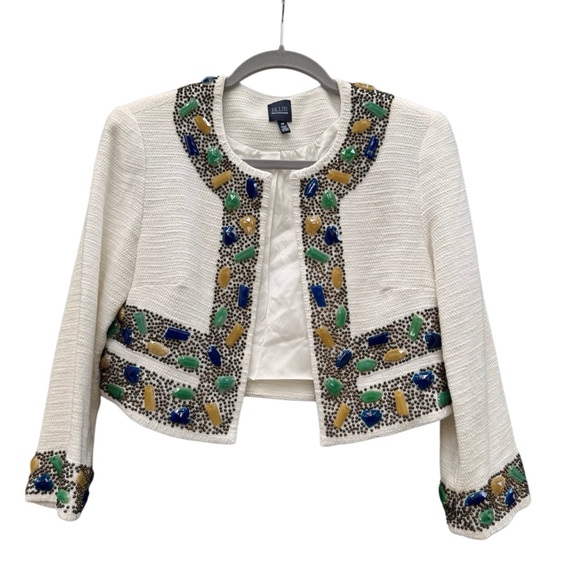 NWT Blue Saks Fifth Avenue Women's White Cropped Beaded Blazer Jacket Size Small - Picture 1 of 13
